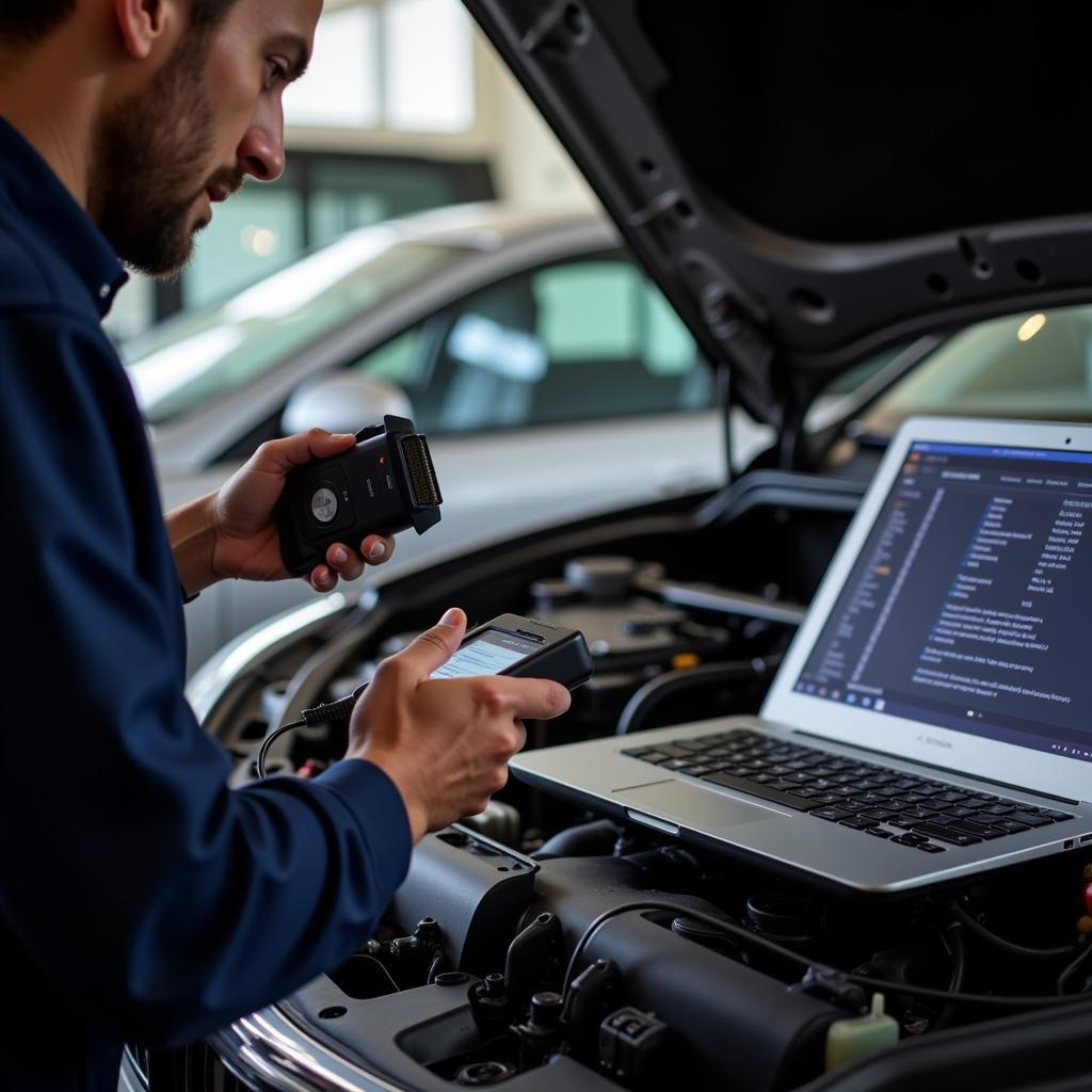 Mechanic Using OBD2 Scanner for Diagnostics