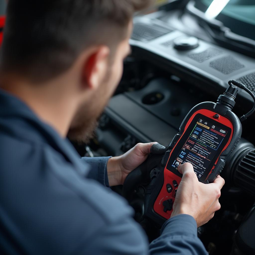 Mechanic Using OBD2 Scanner for Diagnostics