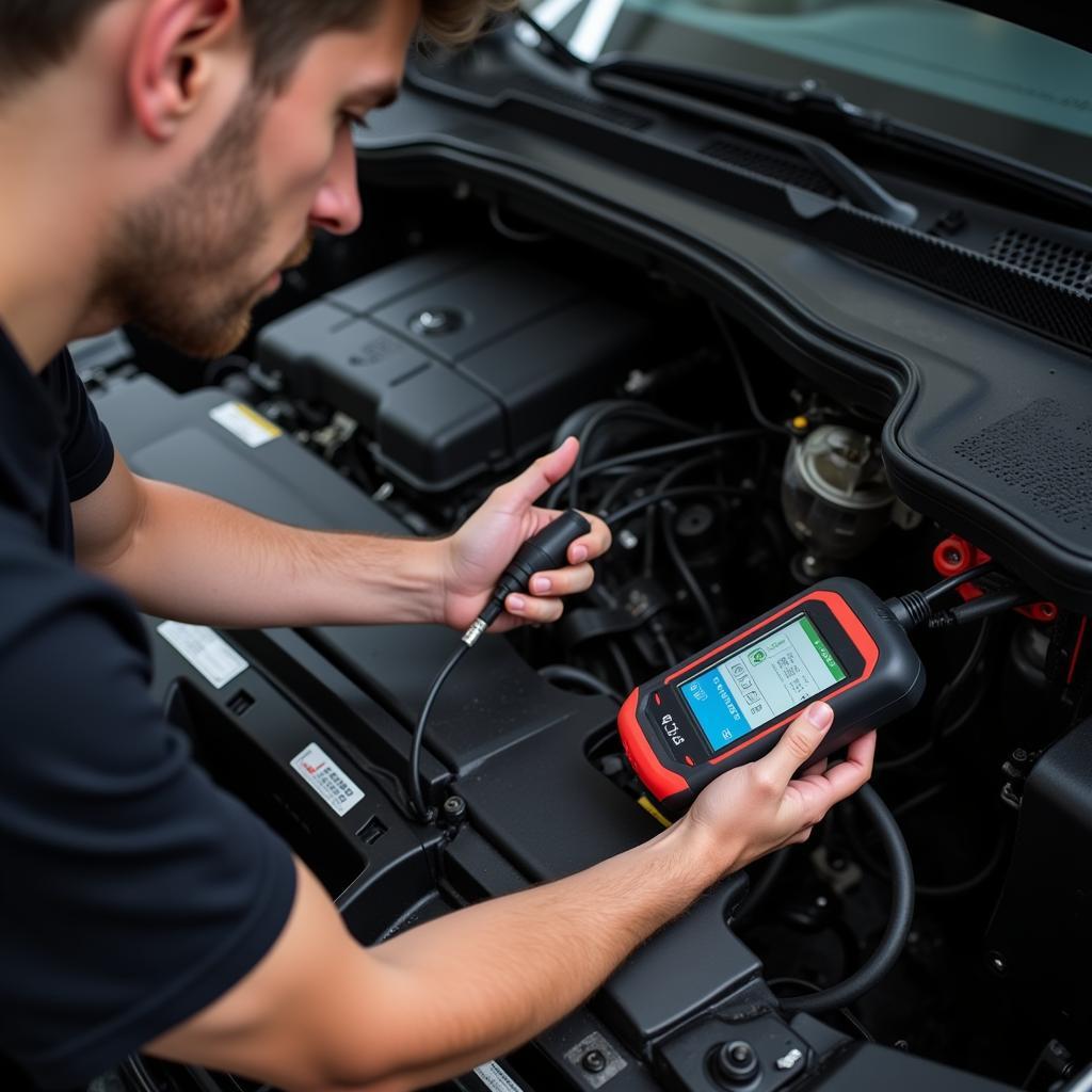 Mechanic Using OBD2 Scanner for Engine Diagnostics