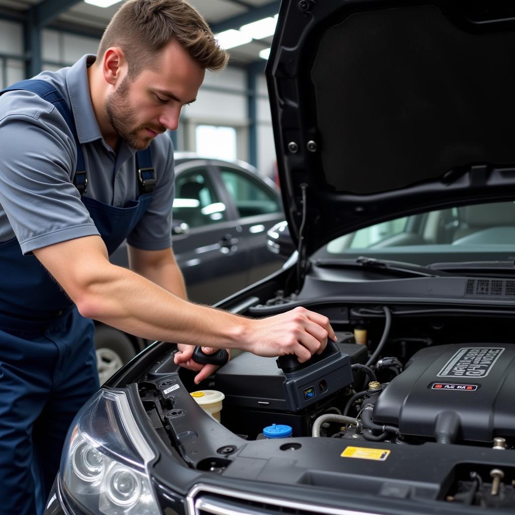 Mechanic Using OBD2 Scanner for Engine Diagnostics