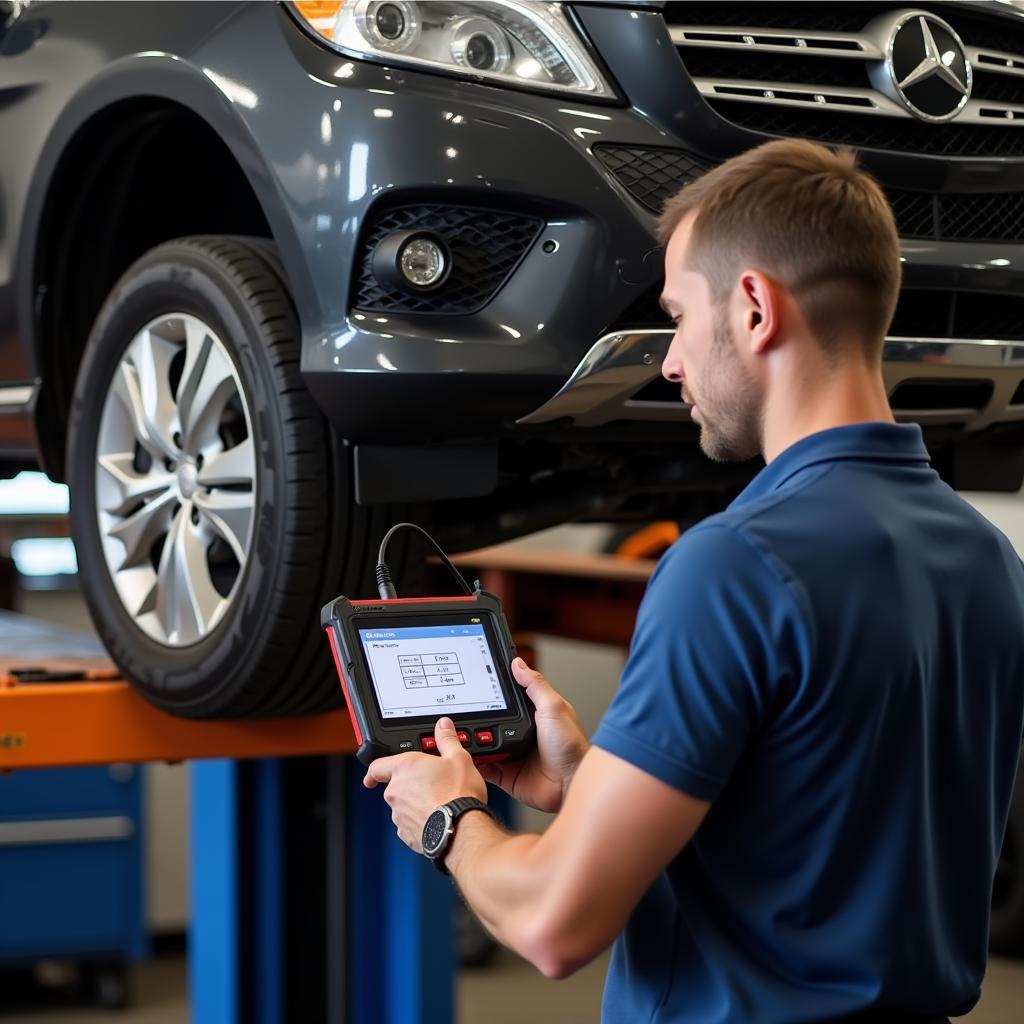 Mechanic Using OBD2 Scanner for EPB Diagnosis