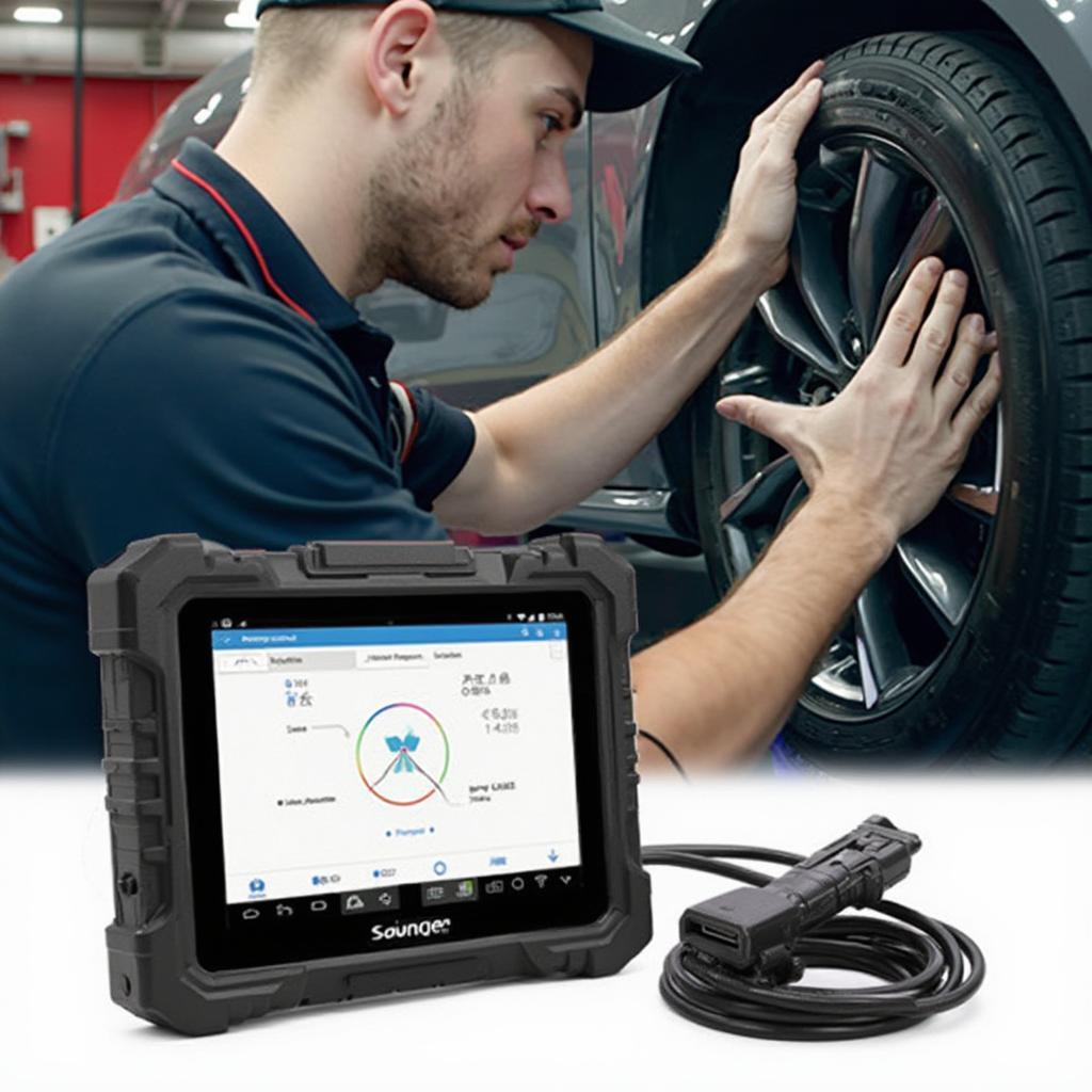 Mechanic using OBD2 scanner for SAS calibration