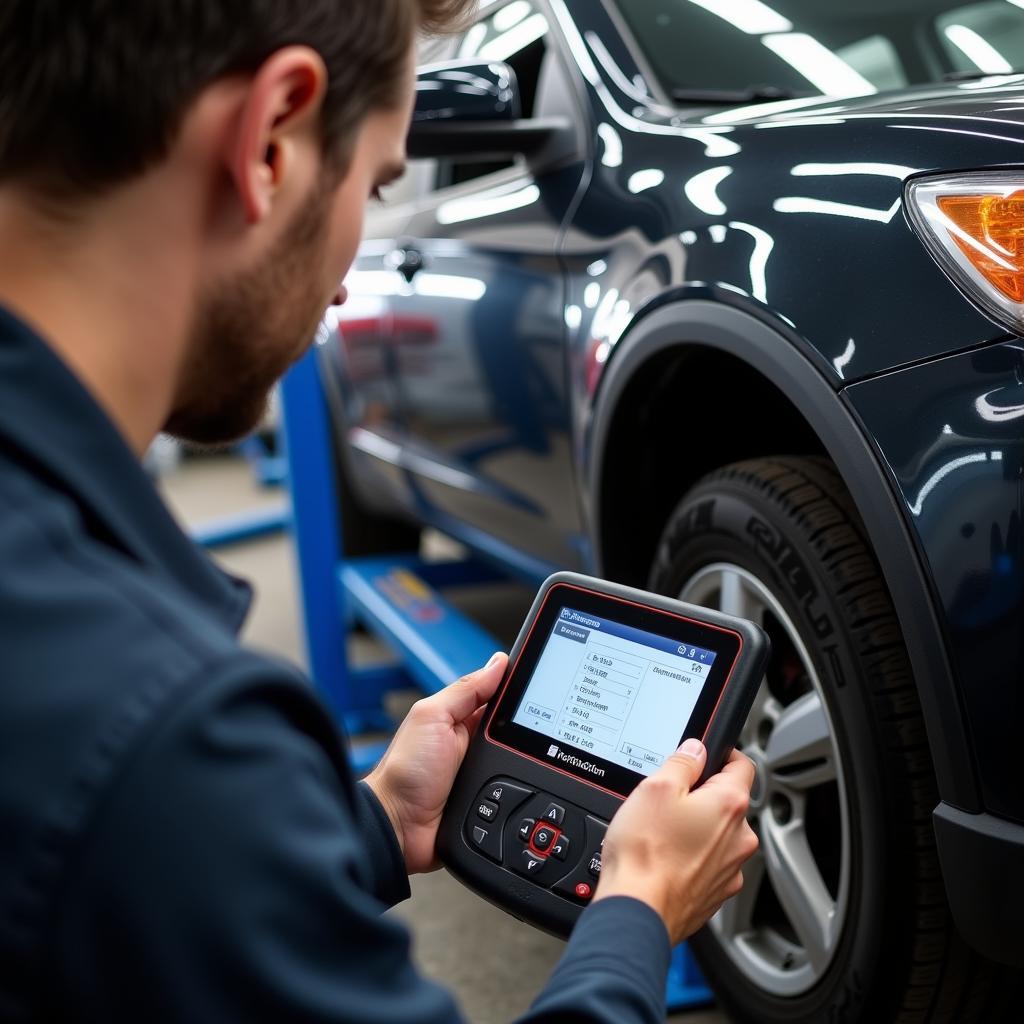 Mechanic diagnosing TPMS with OBD2 scanner