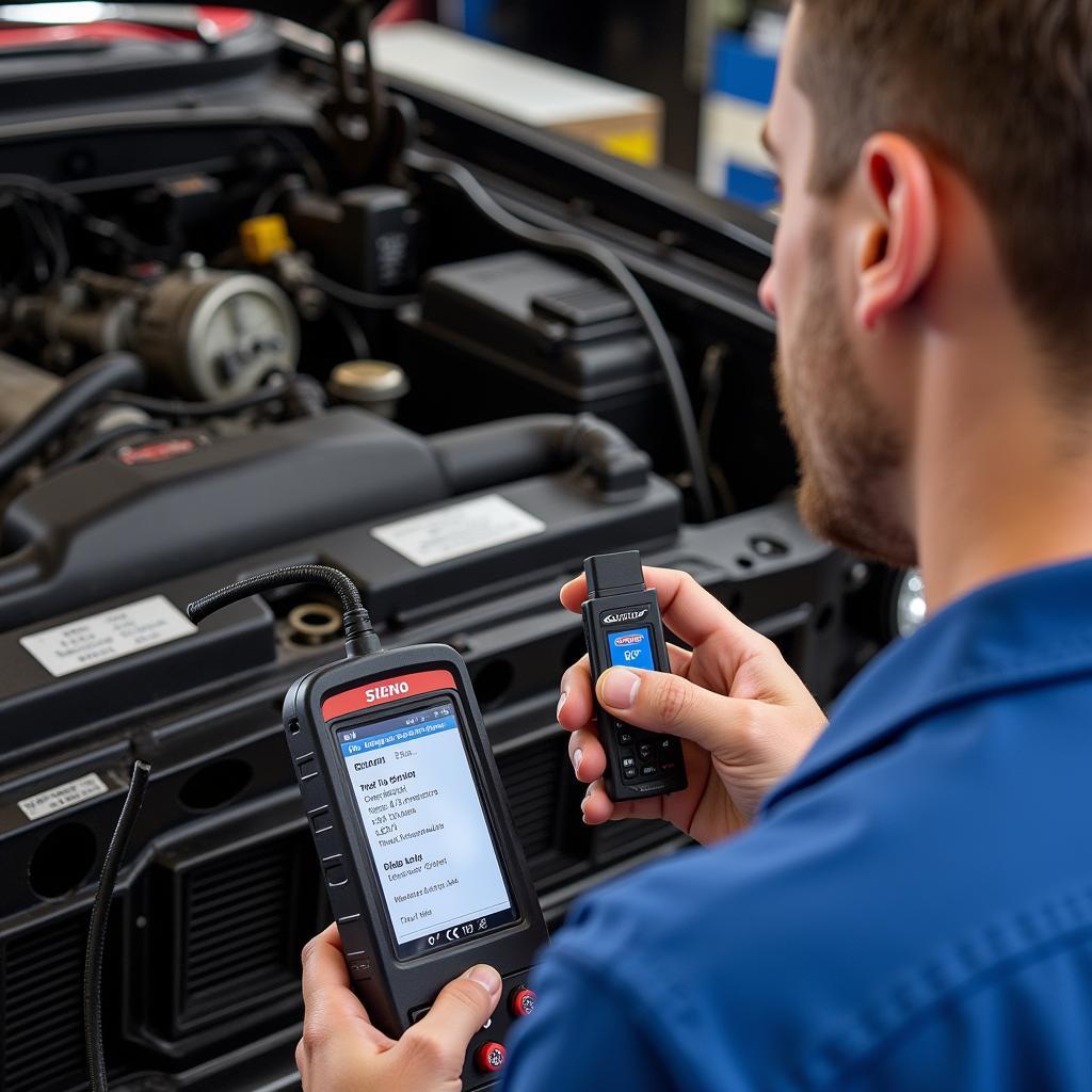 Mechanic Diagnosing OBD1 Ford with OBD2 Scanner