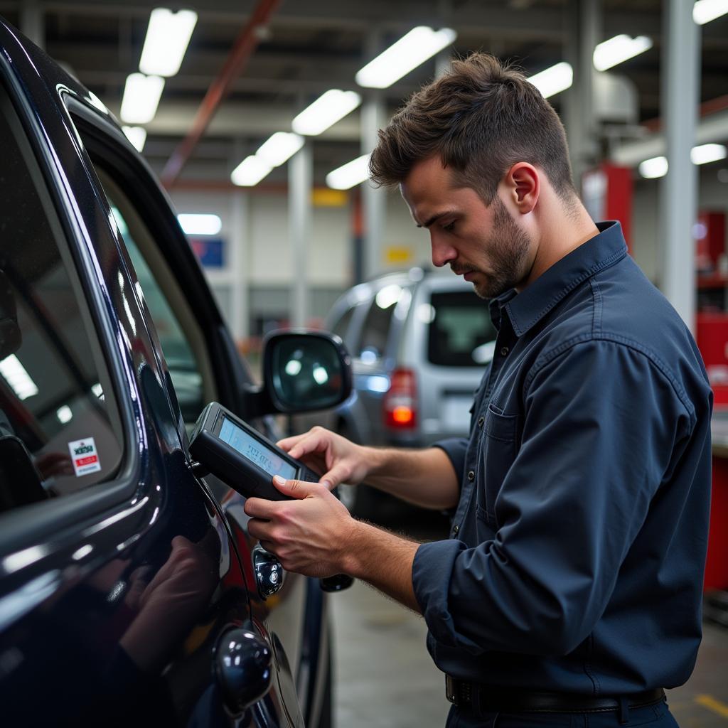 Mechanic Using an OBD2 Scanner on a Ford Explorer