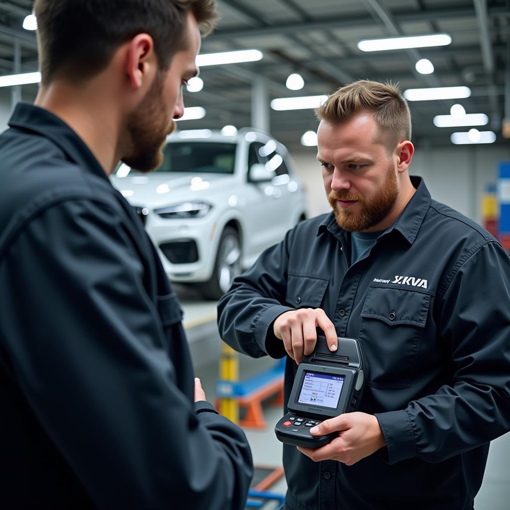 Mechanic Using OBD2 Scanner on Foreign Car