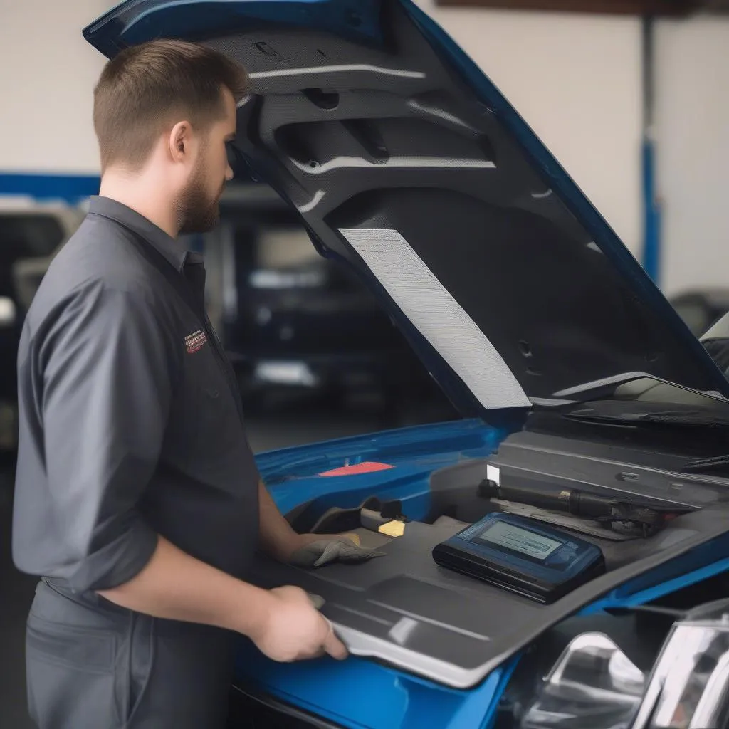 Mechanic Diagnosing GMC Duramax with OBD2 Scanner