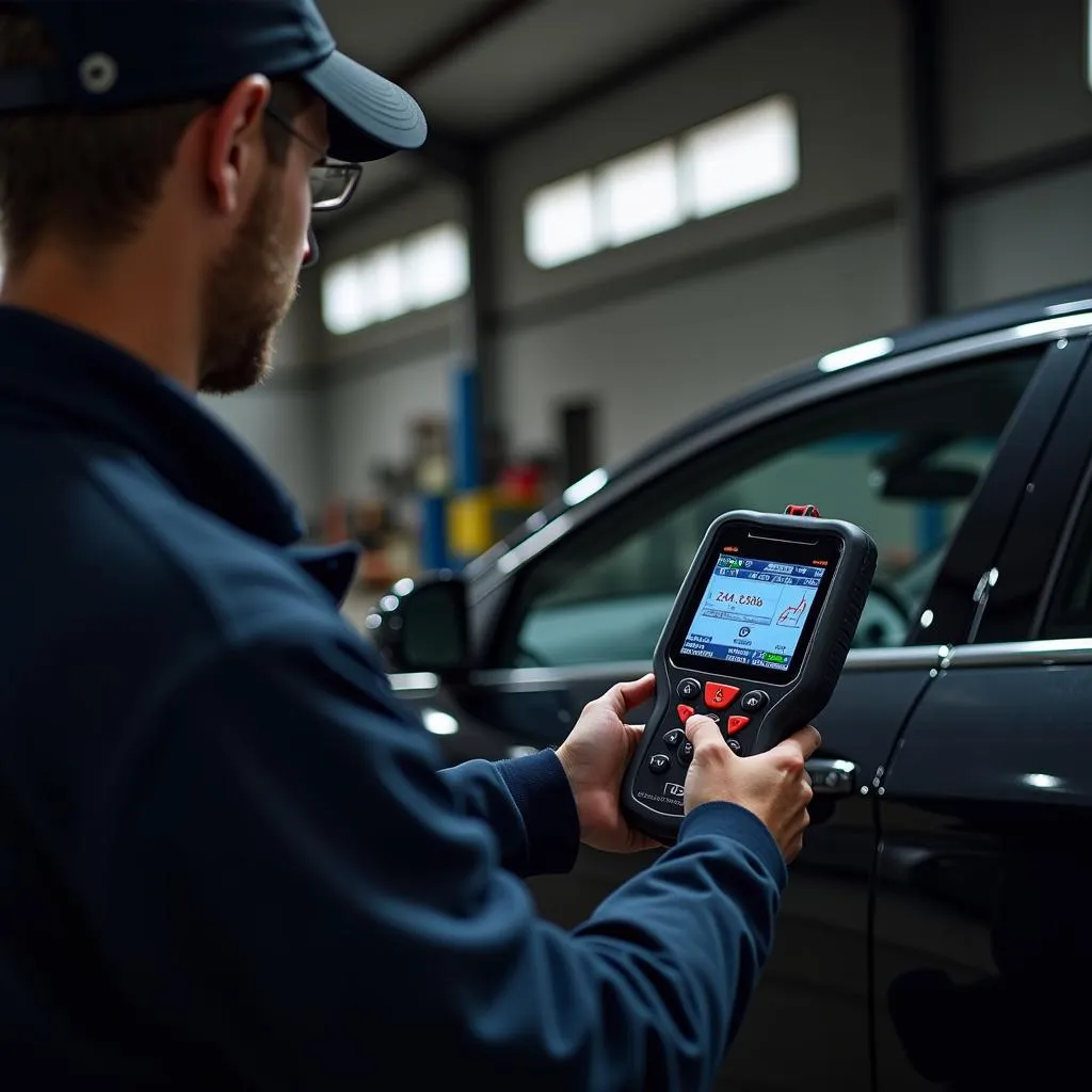 Mechanic diagnosing a car with an OBD2 scanner