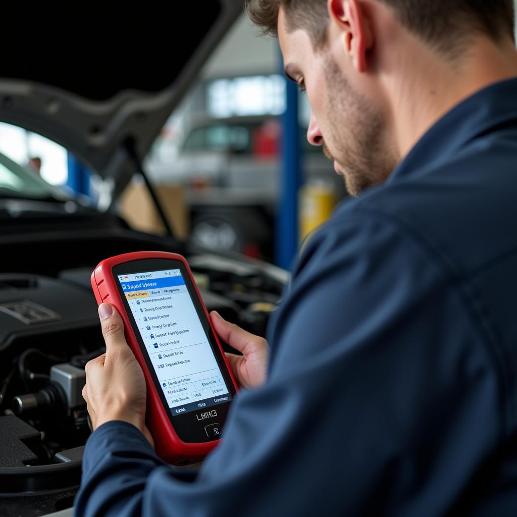 Mechanic using OBD2 scanner in a garage