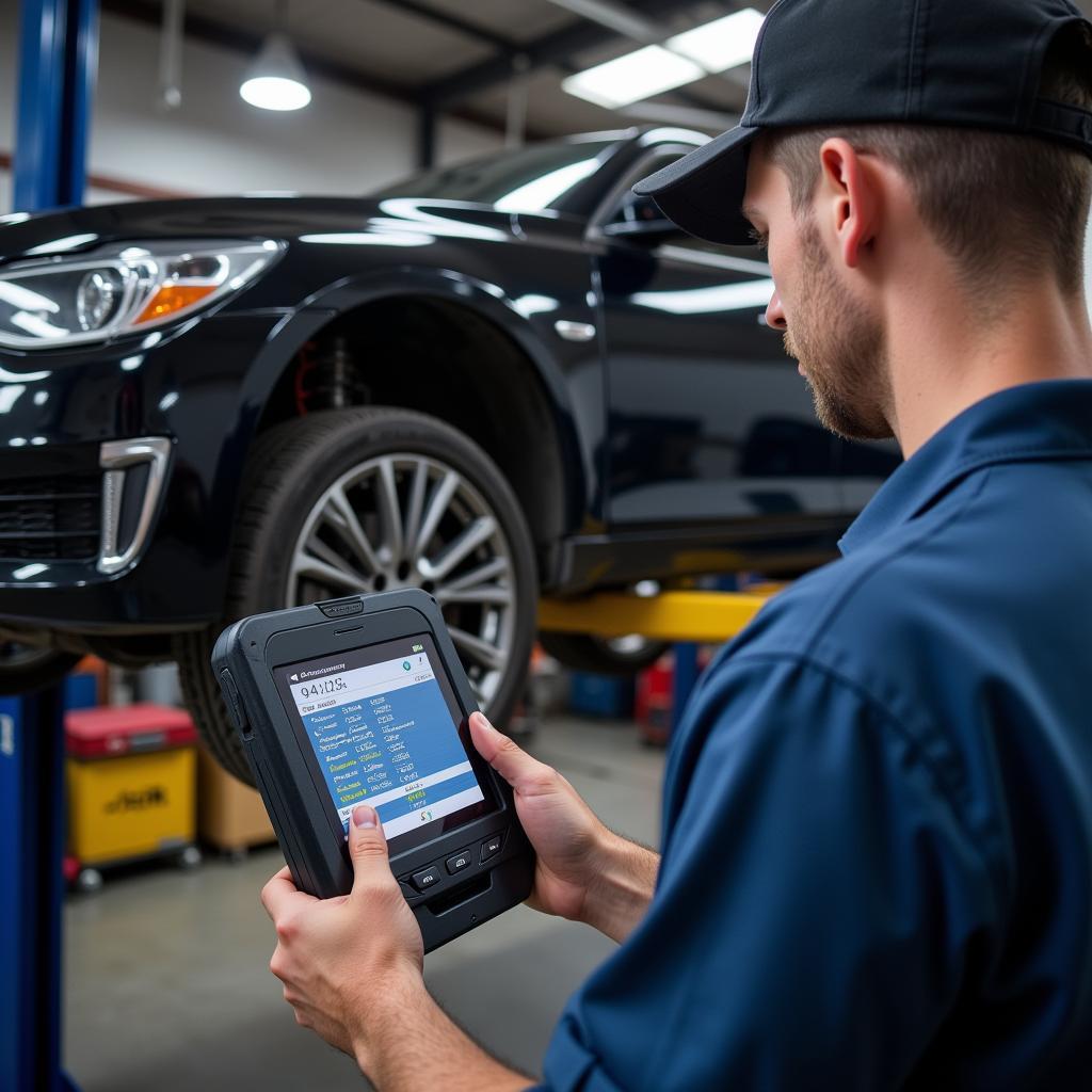 Mechanic Using OBD2 Scanner in Garage