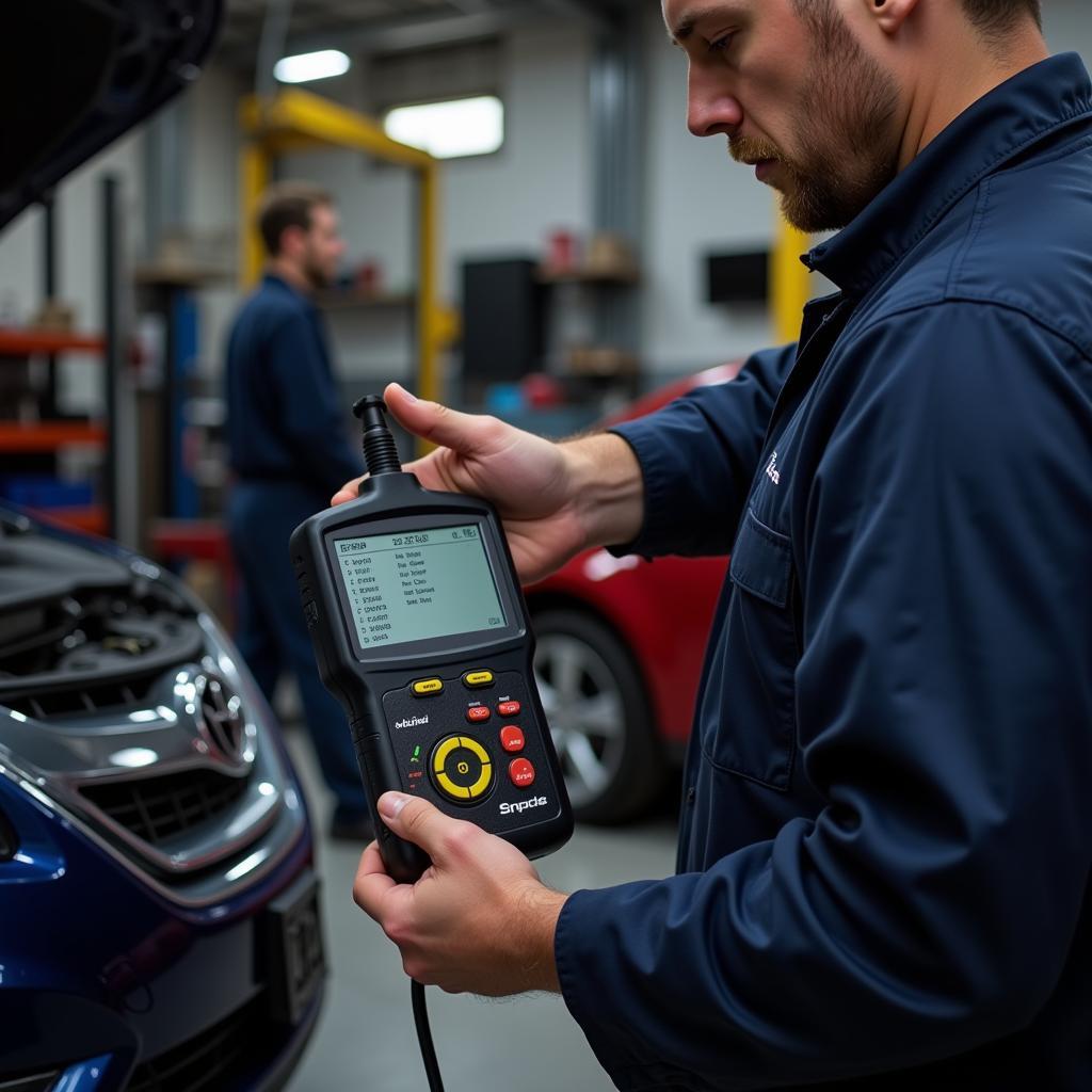 Mechanic Using OBD2 Scanner in Garage