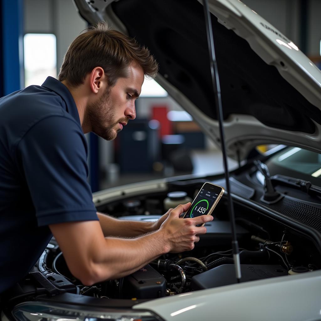 Mechanic using an OBD2 scanner in a garage