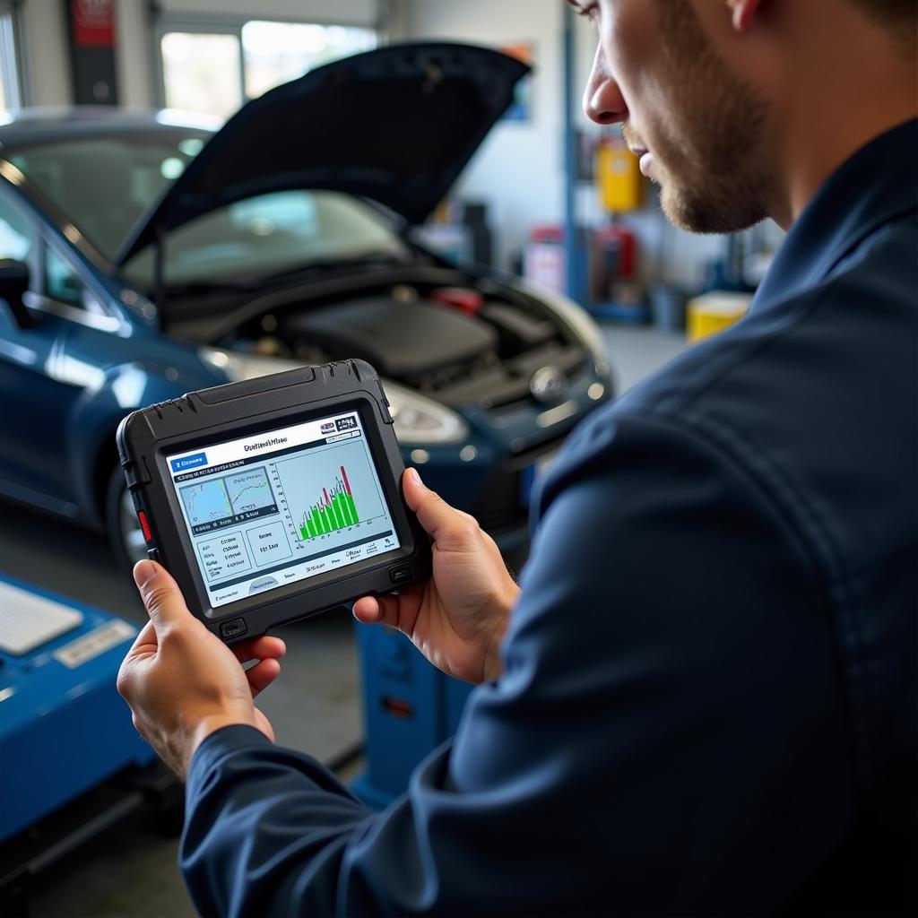 Mechanic Using OBD2 Scanner in Garage