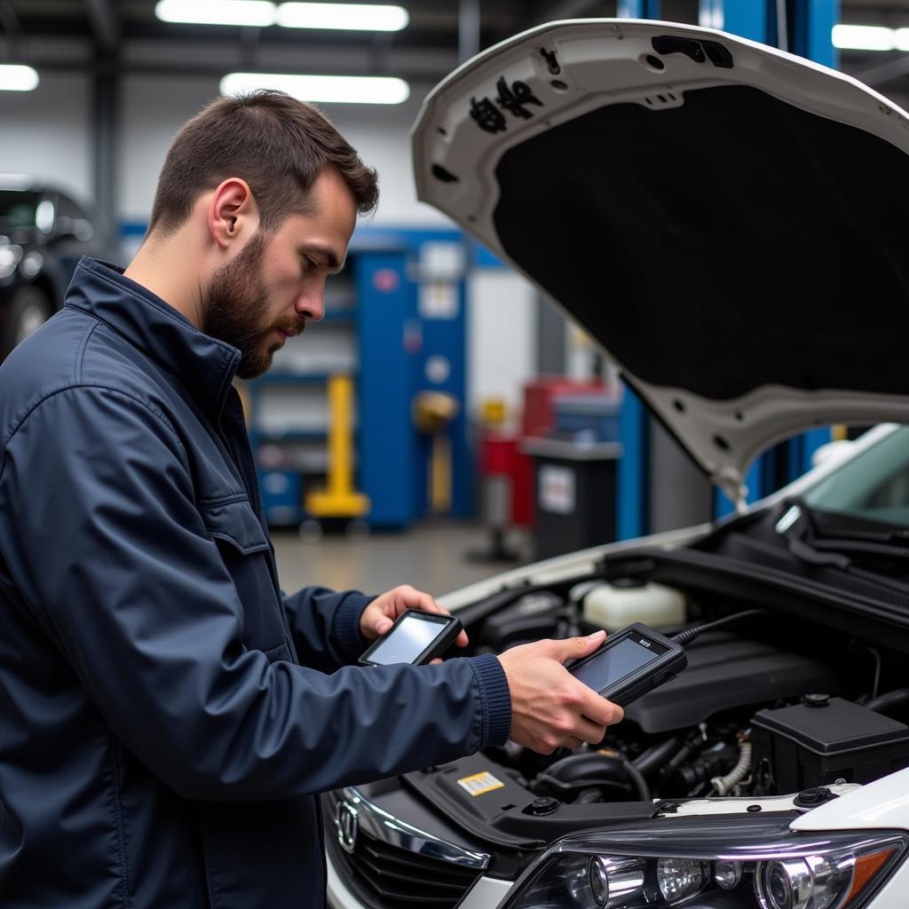 Mechanic using an OBD2 scanner in a garage