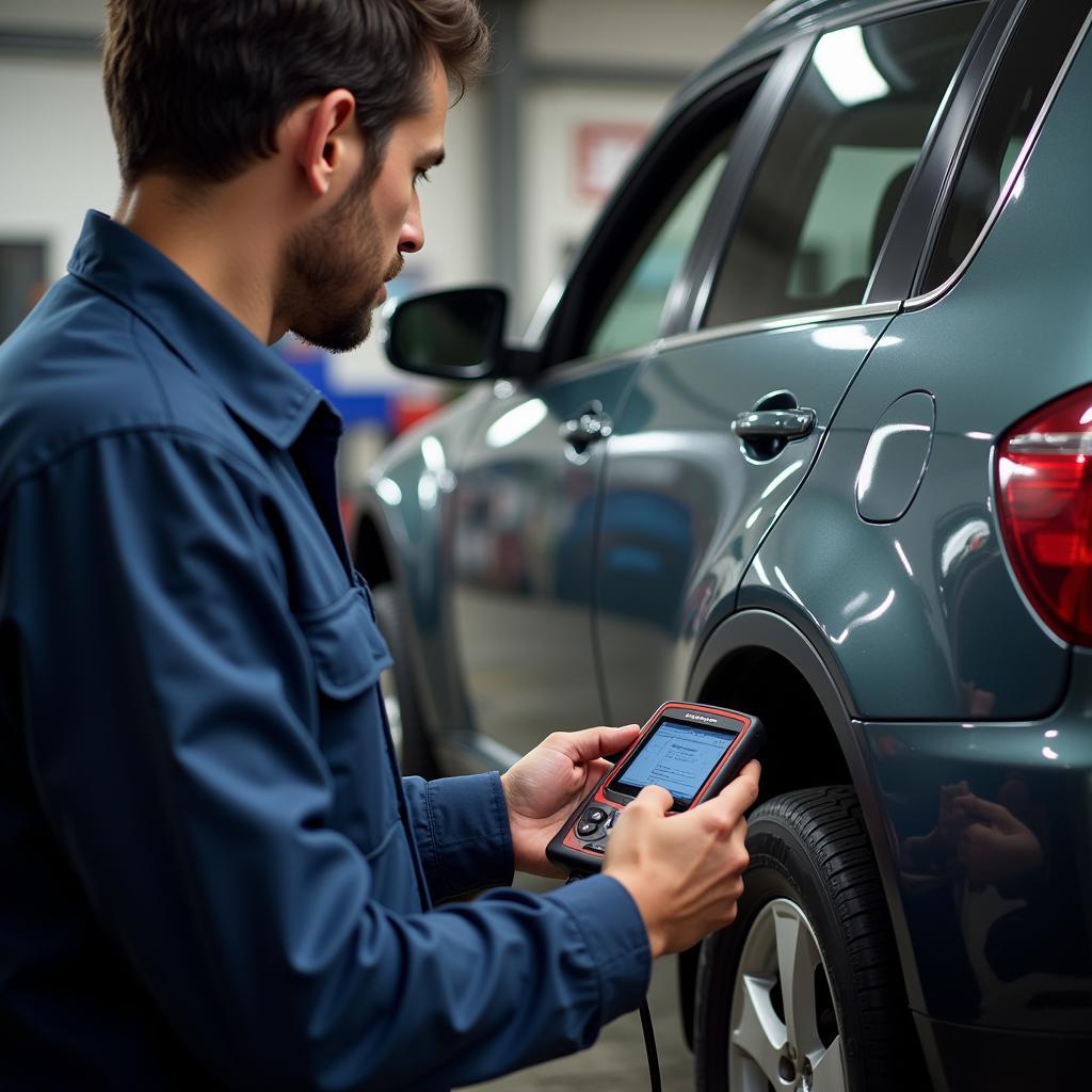 Mechanic using an OBD2 scanner to diagnose car problems