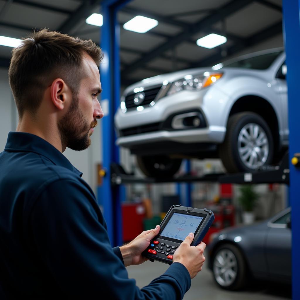 Mechanic using an OBD2 scanner to diagnose car problems