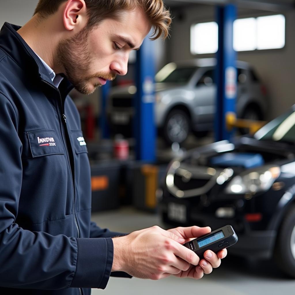 Mechanic using the Innova 3030f OBD2 scanner in a garage to diagnose car problems