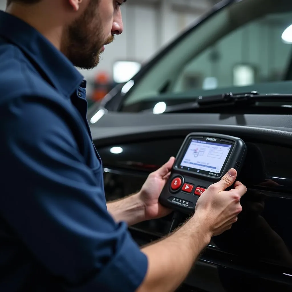 Mechanic Using OBD2 Scanner in a Workshop