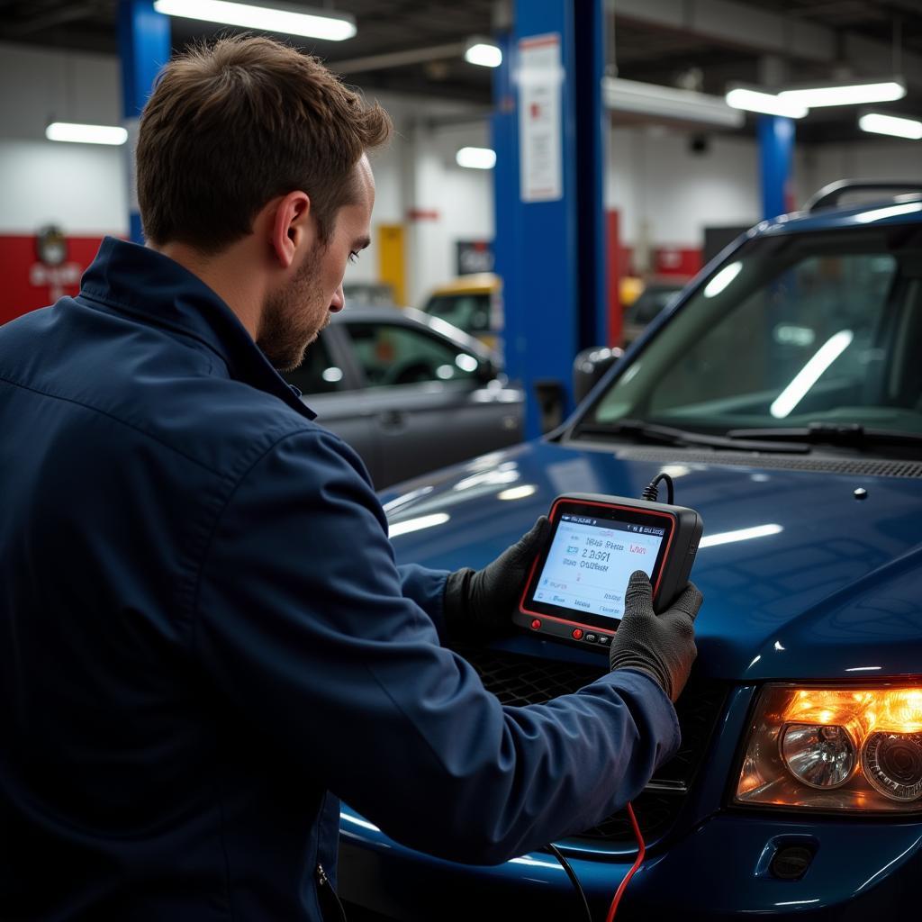 Mechanic Diagnosing Car with OBD2 Scanner