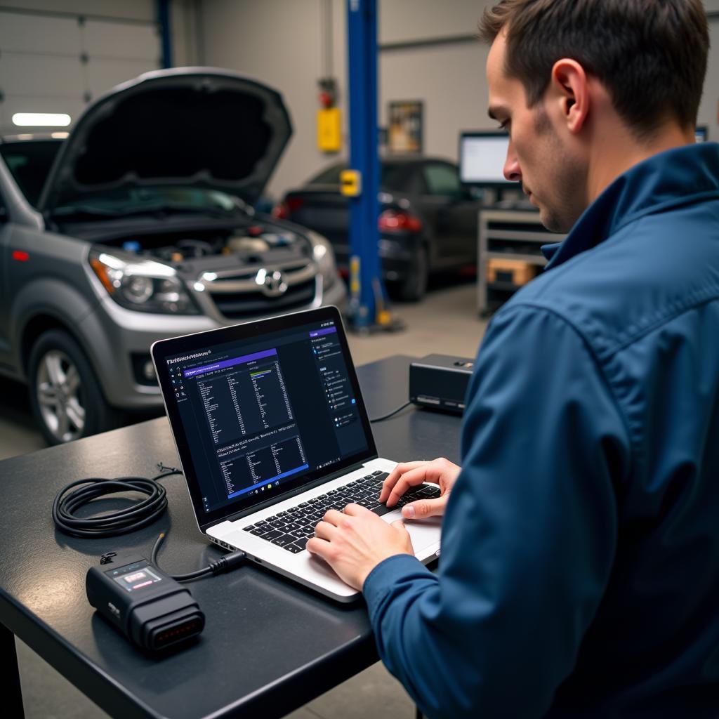 Mechanic Using OBD2 Scanner in Workshop