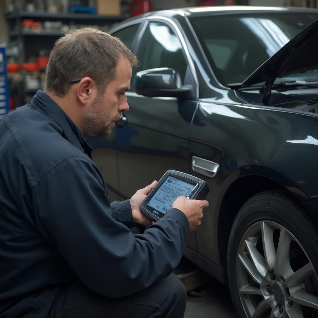 Mechanic Using OBD2 Scanner in a Workshop