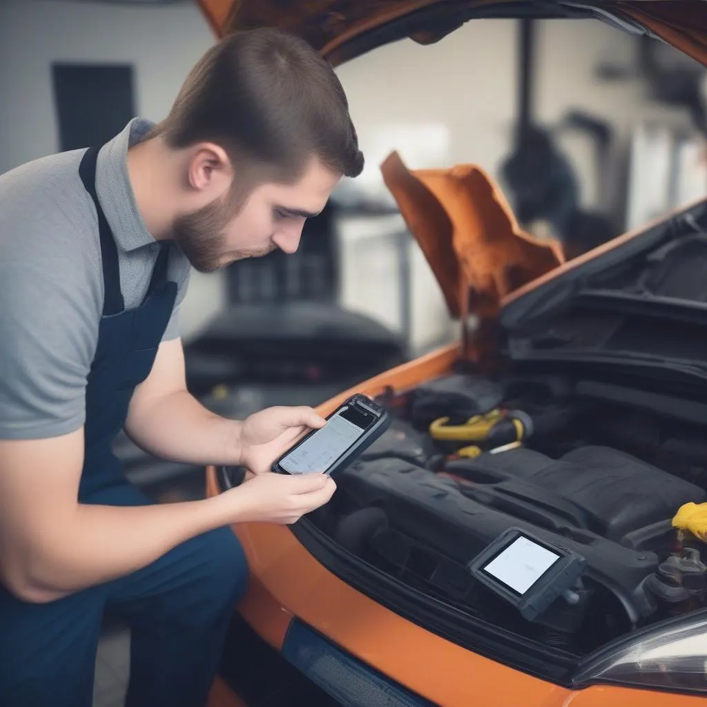 Mechanic Using OBD2 Scanner with iPhone