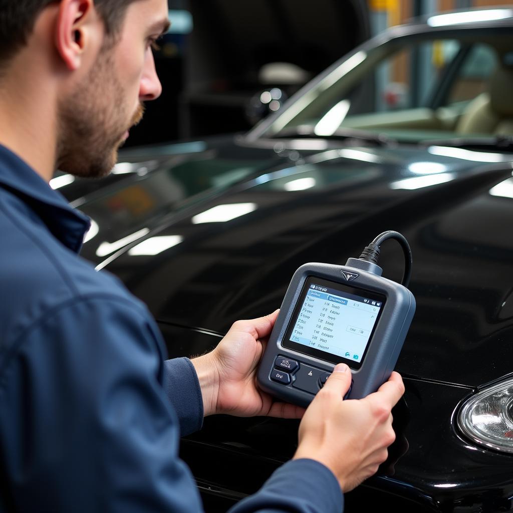 Mechanic Using OBD2 Scanner on Jaguar XK8