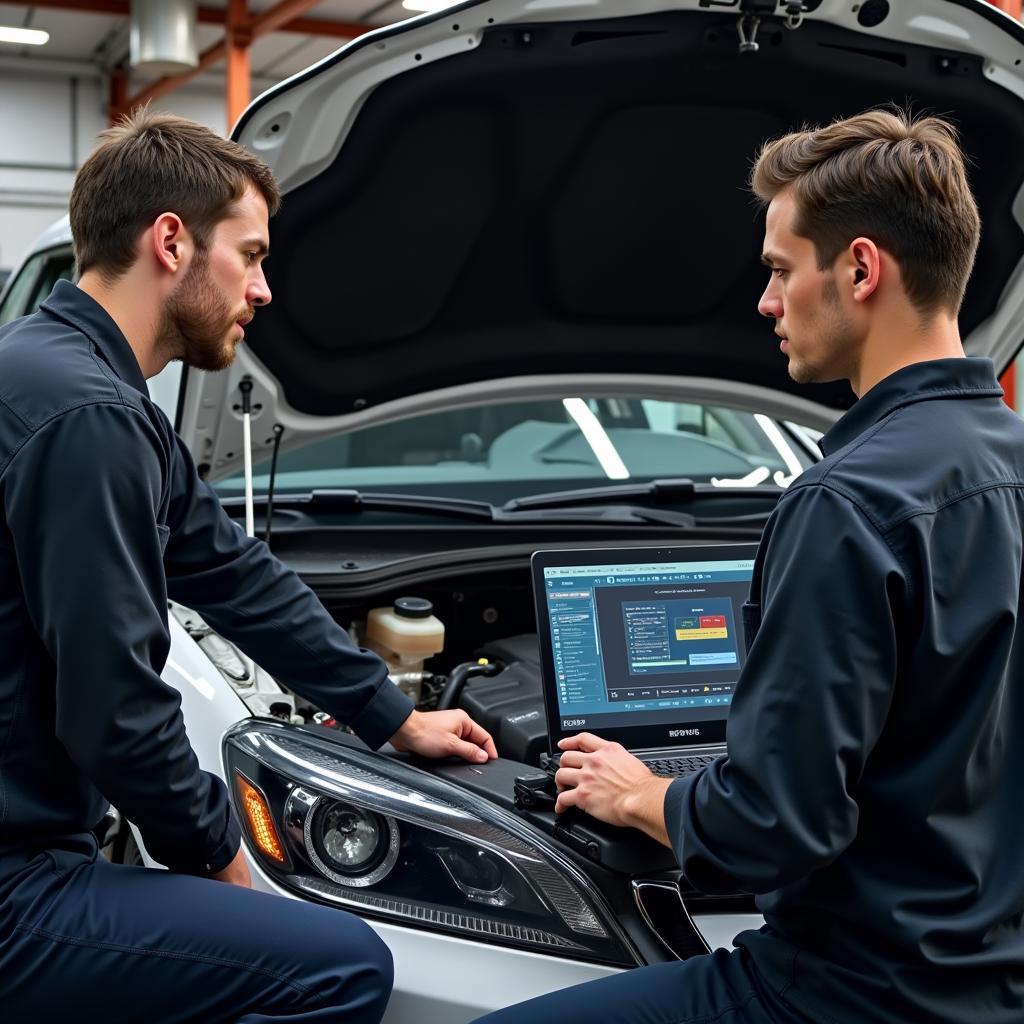 Mechanic diagnosing a car using an OBD2 scanner connected to a laptop.