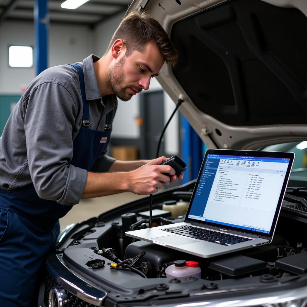 Mechanic Using OBD2 Scanner with Macbook