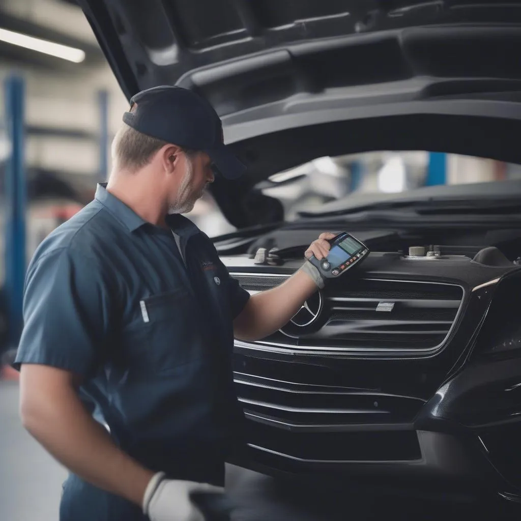  Mechanic Diagnosing Mercedes Benz Using OBD2 Scanner 