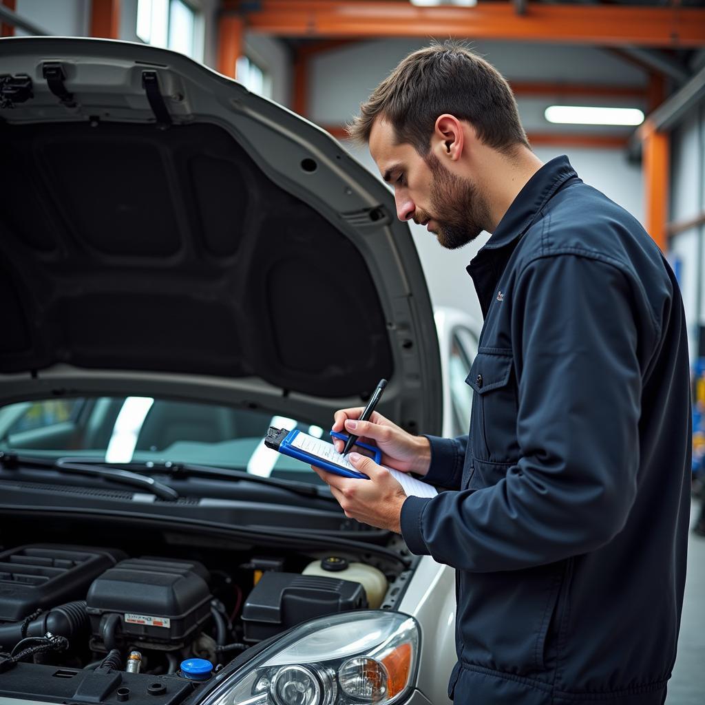 Mechanic Diagnosing Mondeo Mk3 Engine with OBD2 Scanner