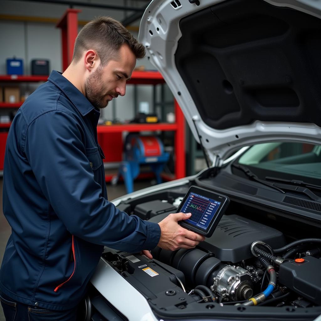 Mechanic diagnosing a car using an OBD2 scanner for fuel efficiency issues