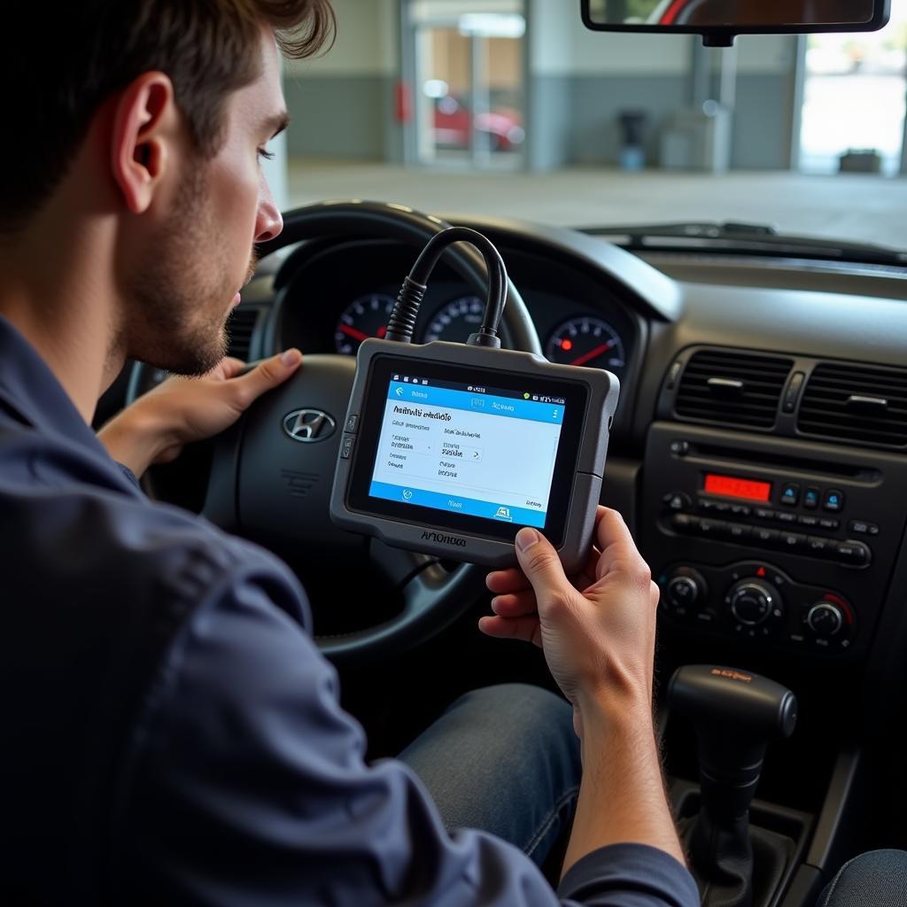 Mechanic Using OBD2 Scanner on 2001 Hyundai Santa Fe