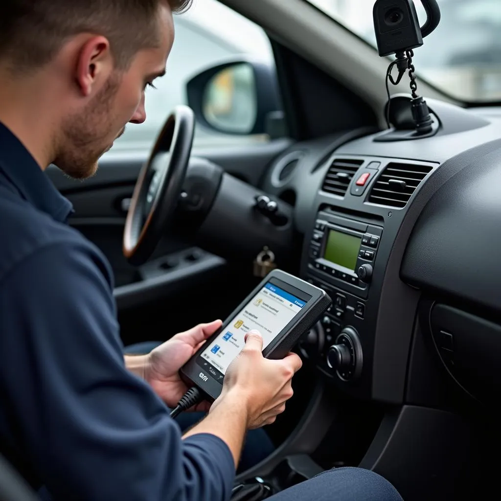 Mechanic Diagnosing 2005 Mazda 3 with OBD2 Scanner