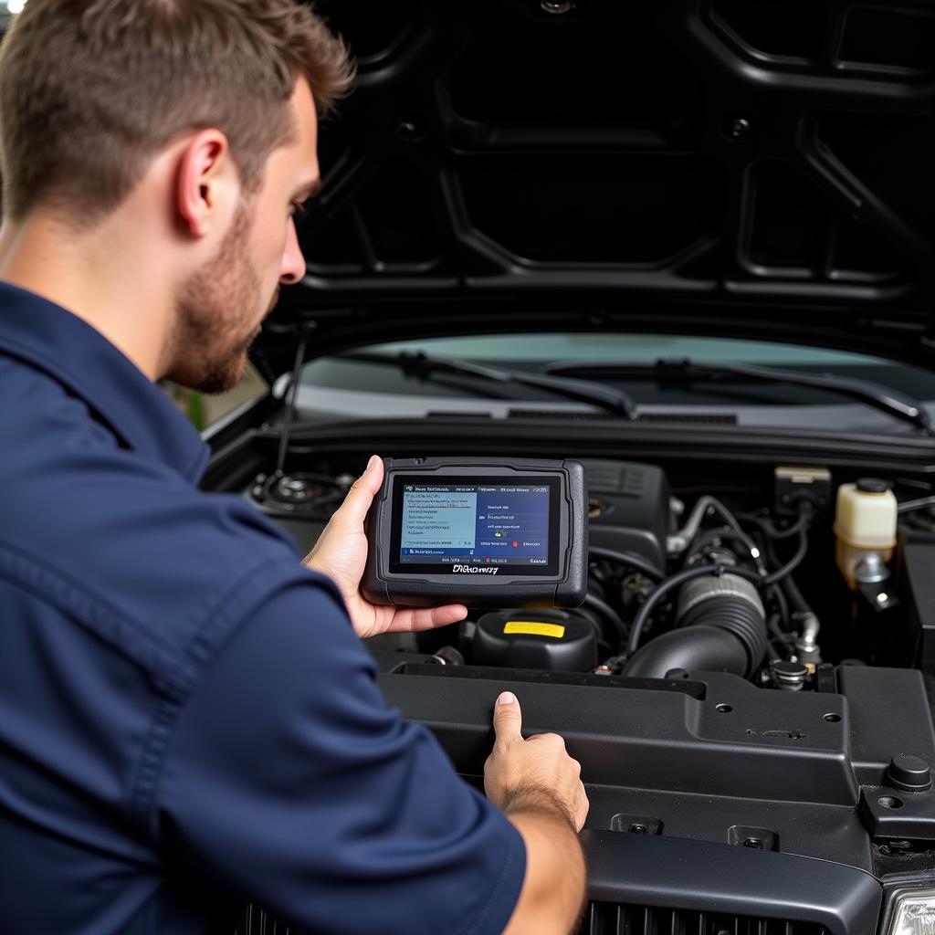 Mechanic diagnosing engine problems in a 2005 Mercury Grand Marquis using an OBD2 scanner