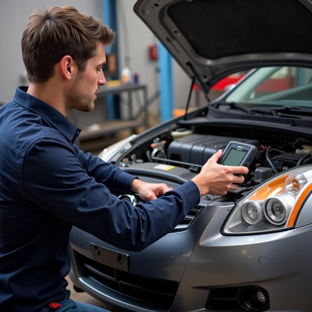 Mechanic Diagnosing 2007 Nissan Altima with OBD2 Scanner