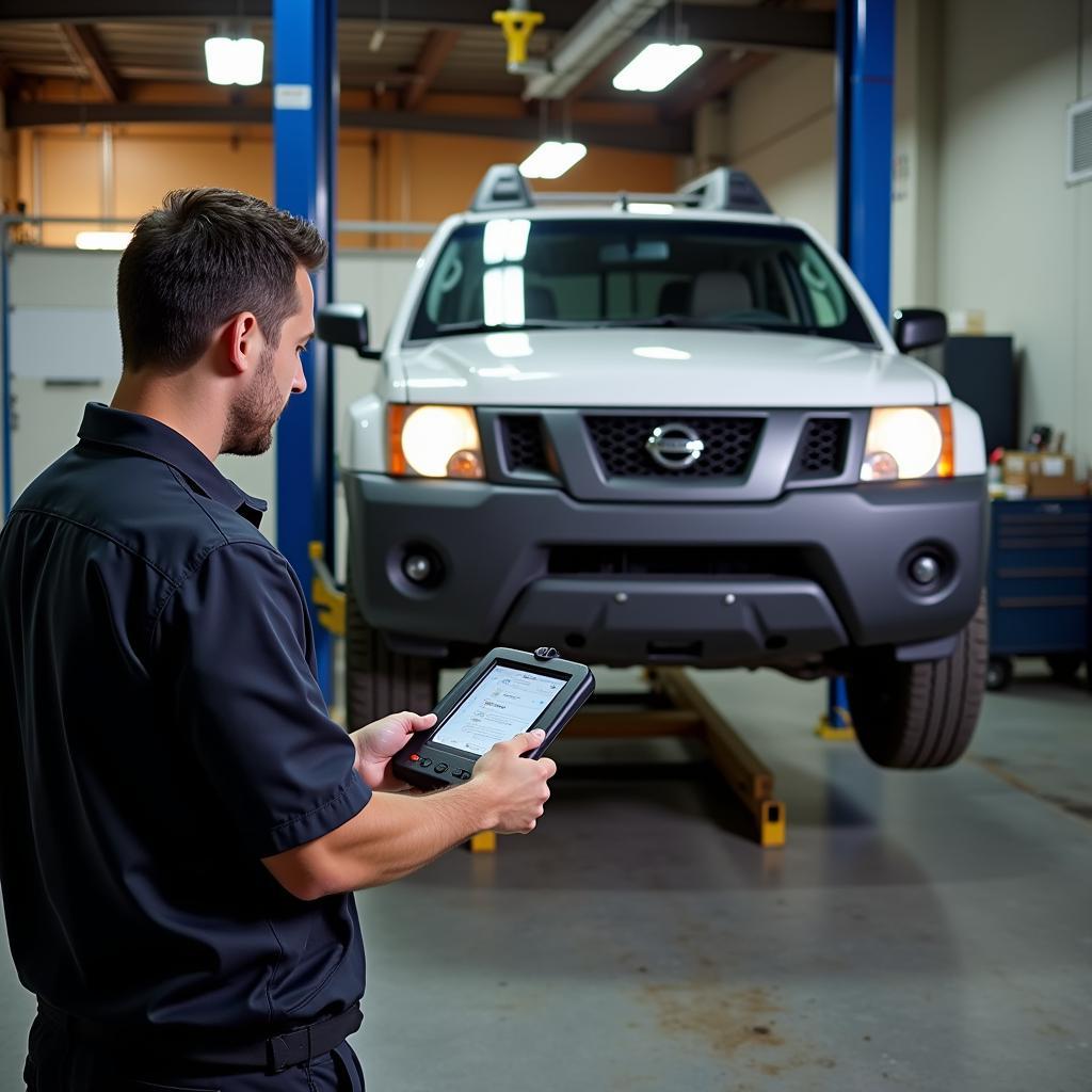 A mechanic using an OBD2 scanner on a lifted 2007 Xterra in a garage