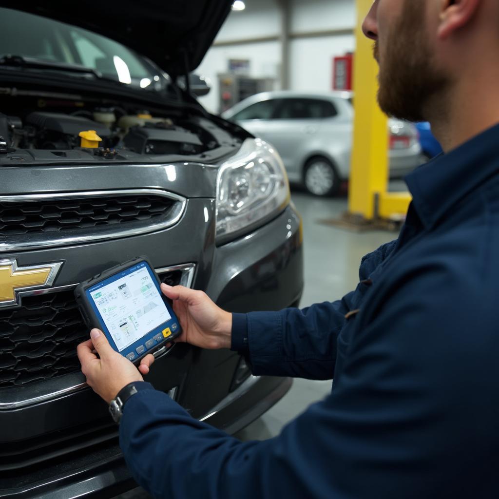 Mechanic Using OBD2 Scanner on 2012 Chevy Malibu