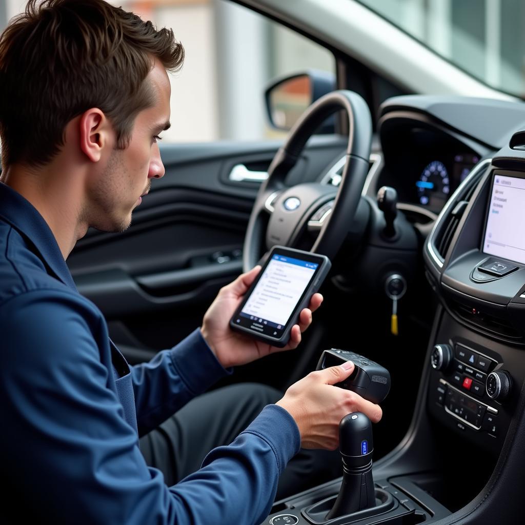 Mechanic Using OBD2 Scanner on 2018 Ford Escape