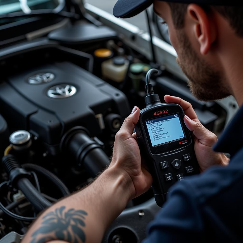 Mechanic Diagnosing 4G93 Engine Using OBD2 Scanner