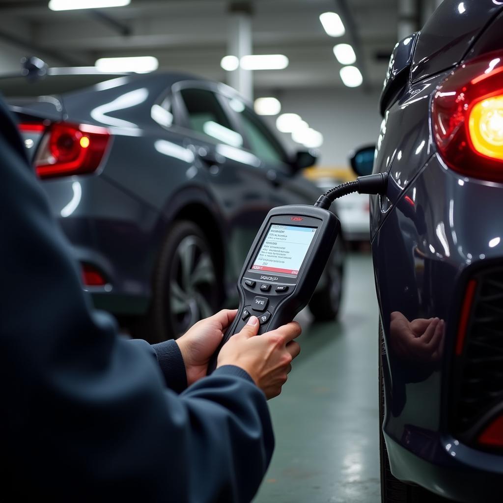 Mechanic using OBD2 scanner on an 8th gen Honda Civic during DEQ test