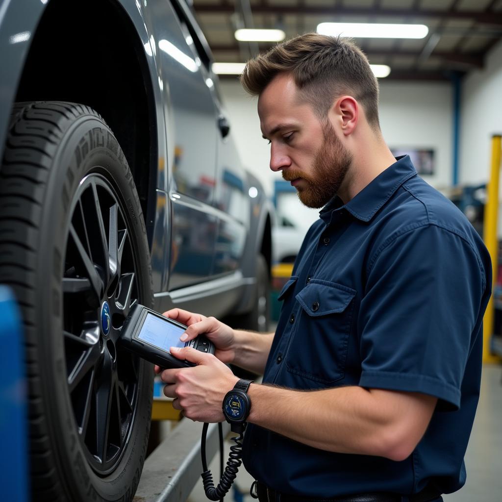 Mechanic using an OBD2 scanner on a car