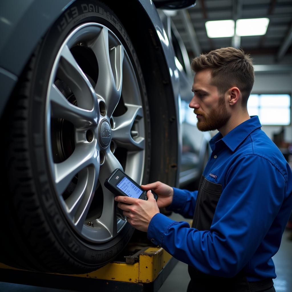 Mechanic using an OBD2 scanner on a car in a professional garage setting