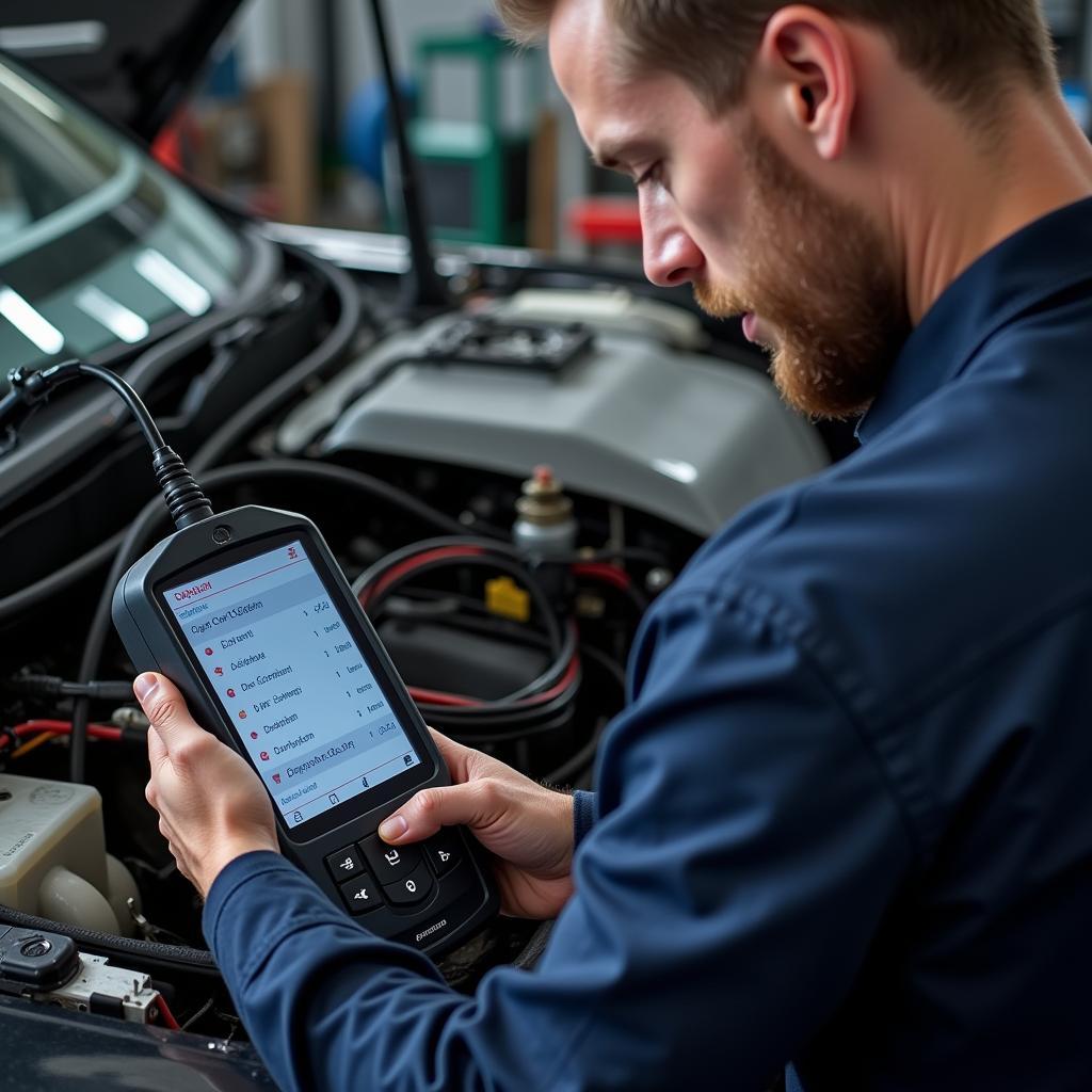 Mechanic Using OBD2 Scanner on Airbag System