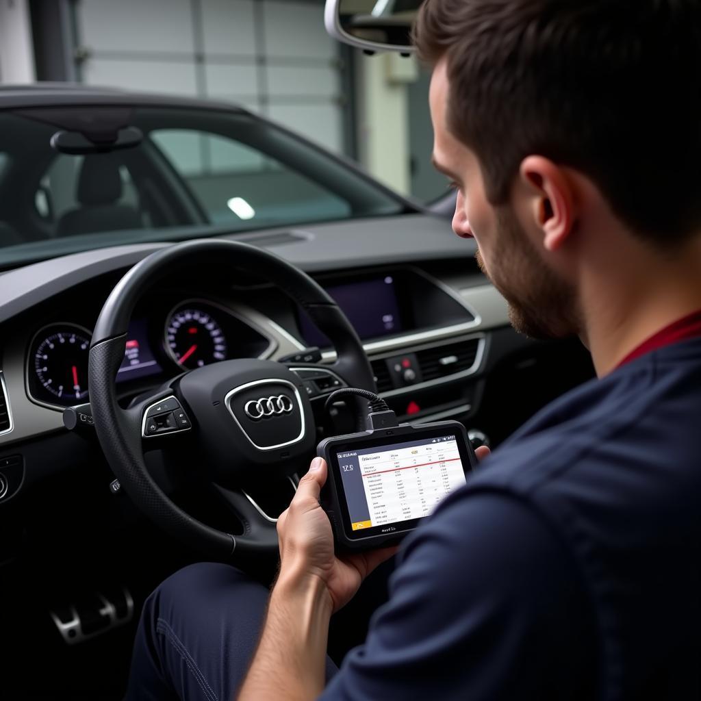 Mechanic Using OBD2 Scanner on Audi A4 B8