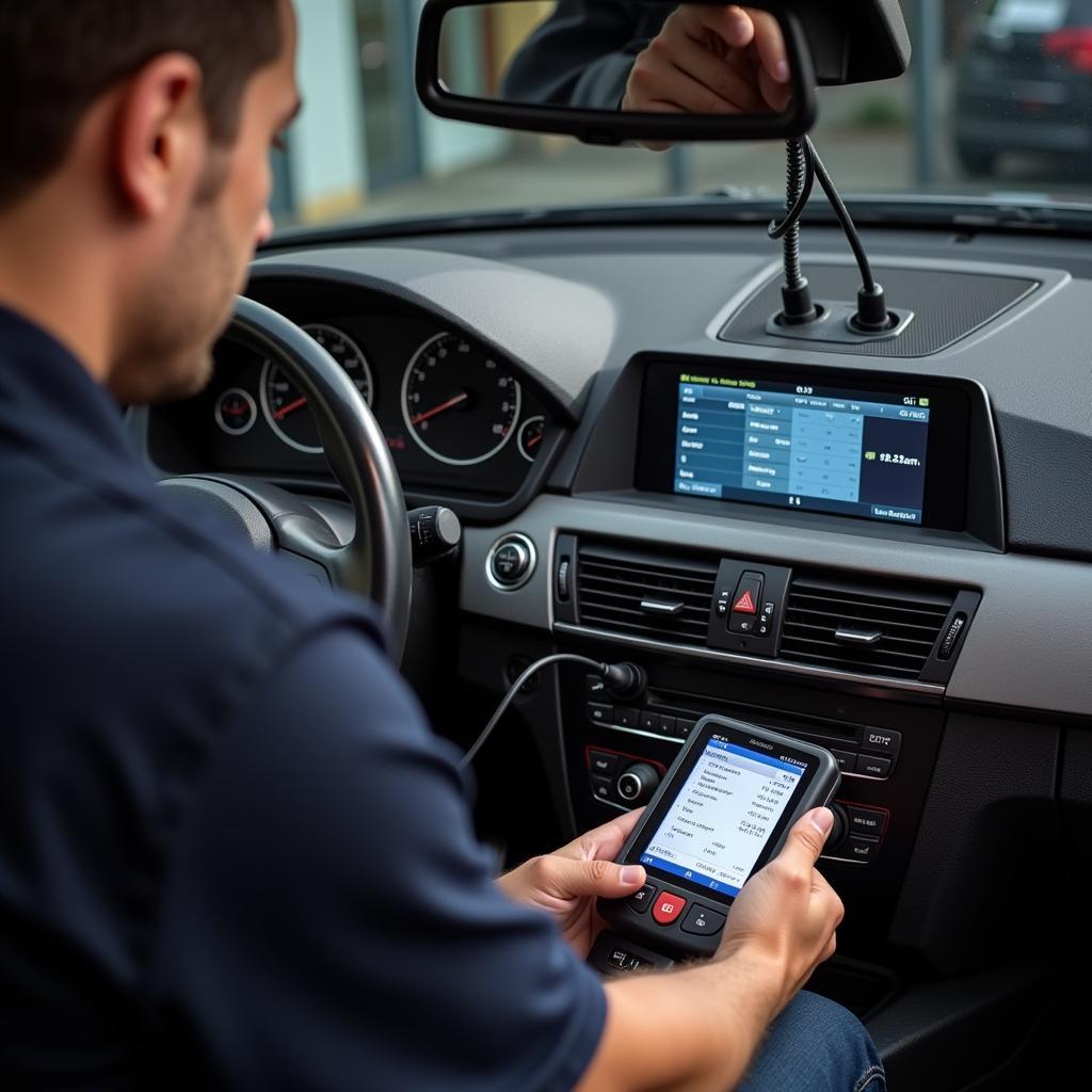 Mechanic Diagnosing BMW 335i with OBD2 Scanner