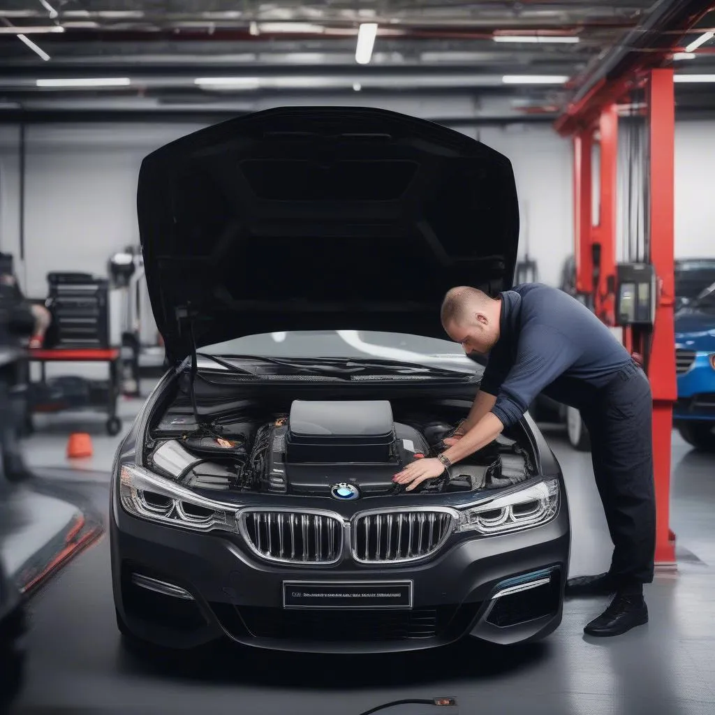 Mechanic conducting diagnostics on a BMW using an OBD2 scanner