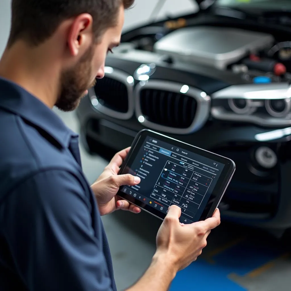 Mechanic Diagnosing BMW with OBD2 Scanner