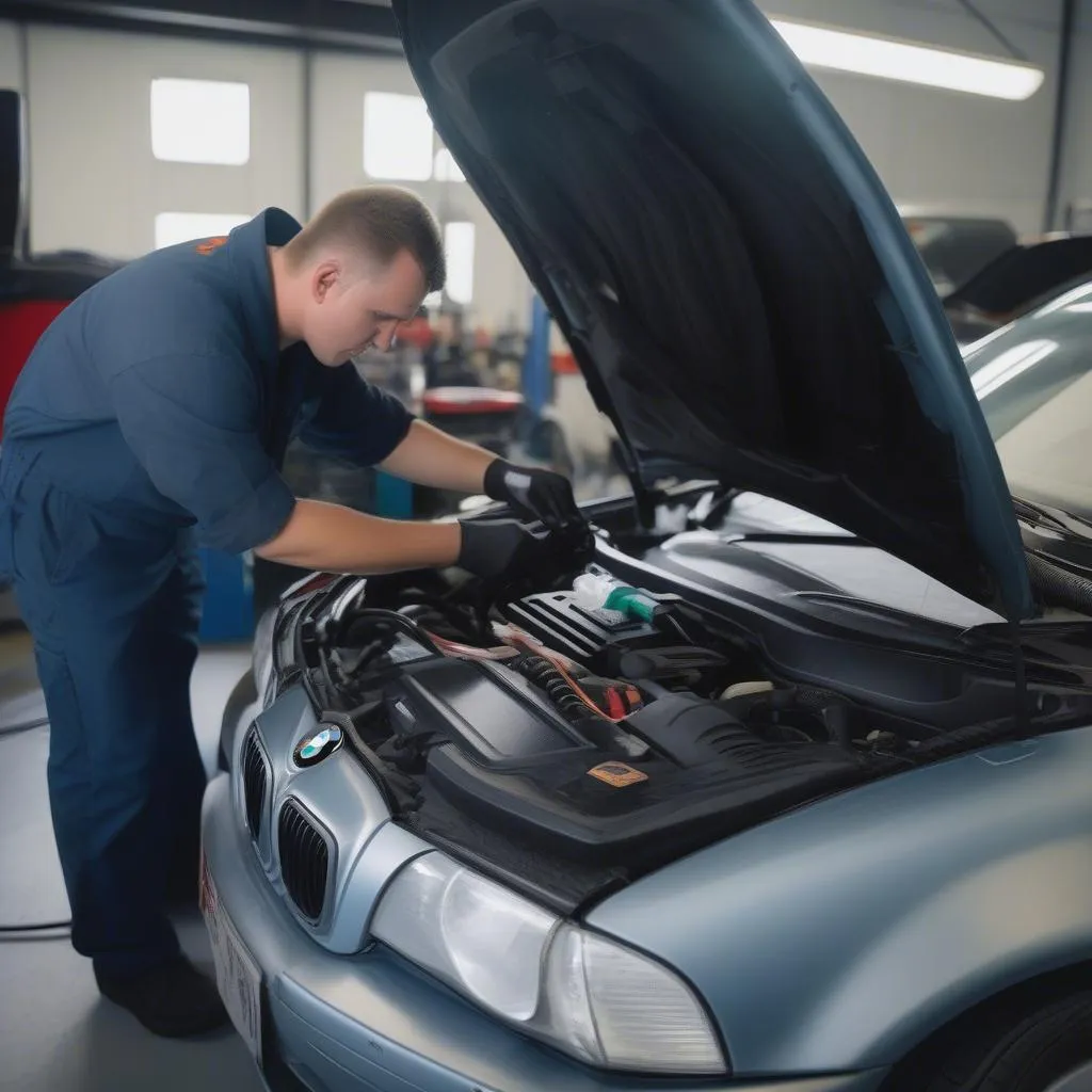 Mechanic Using OBD2 Scanner on BMW E36