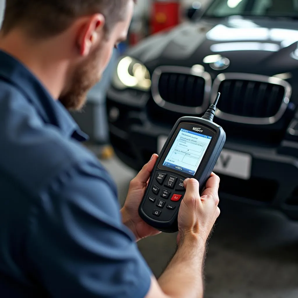 Mechanic diagnosing BMW X5 with OBD2 scanner